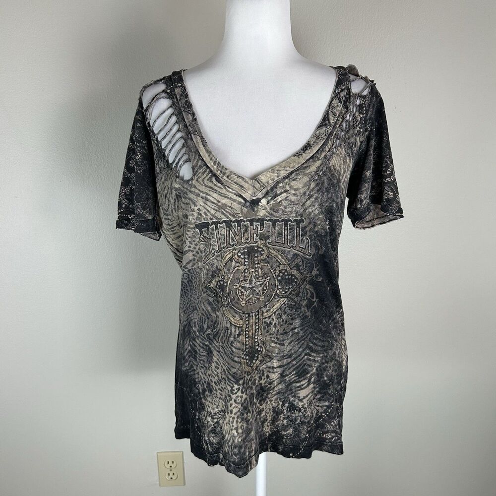 Affliction Buckle Size L T-shirt Top Short Sleeve Sinful Distressed Cross